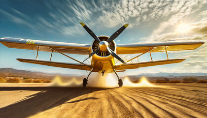 Front view of a small private propeller airplane taking off or landing in a desert area. in the...