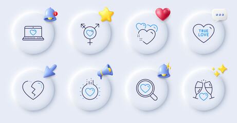 Broken heart, Heart and Love line icons. Buttons with 3d bell, chat speech, cursor. Pack of True love, Wedding glasses, Genders icon. For web app, printing. Vector