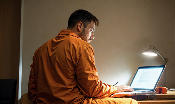 side view of a prisoner in orange clothes sitting in jail with laptop, generative AI