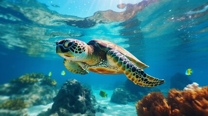 Sea turtles swims underwater. Underwater sea turtles. Sea turtles underwater scene. Sea turtle underwater closeup