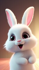 A white rabbit with big eyes standing on its hind legs