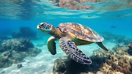 Wandcirkels plexiglas Sea turtles swims underwater. Underwater sea turtles. Sea turtles underwater scene. Sea turtle underwater closeup © Faisal Ai