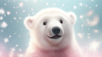 A close up of a polar bear with stars in the background