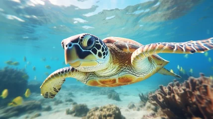 Foto op Plexiglas anti-reflex Sea turtles swims underwater. Underwater sea turtles. Sea turtles underwater scene. Sea turtle underwater closeup © Faisal Ai