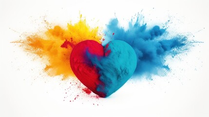 A red and blue heart splattered with colored powder