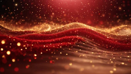 Fotobehang Sfondo digitale astratto con particelle e luci colorate di rosso e oro © Wabisabi