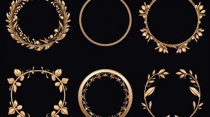 Set of decorative openwork round frames with gold abstract floral pattern. Circular ornament. Elegant elements for design. Vector.