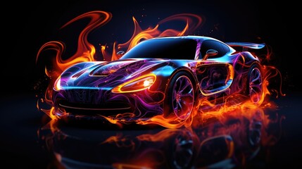 Car with airbrushing and neon lights on a dark background - obrazy, fototapety, plakaty