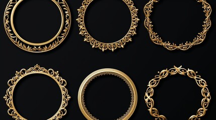 Set of decorative openwork round frames with gold abstract floral pattern. Circular ornament. Elegant elements for design. Vector.
