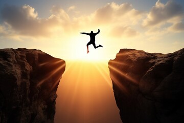 courage man jump through gap hill business concept