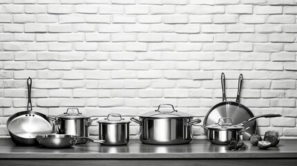 Set of stainless steel cookware and kitchen utensils on table near white brick wall