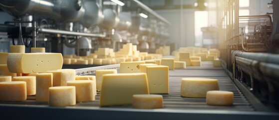 Artisan cheese wheels on production line at factory. Food manufacturing industry. - obrazy, fototapety, plakaty