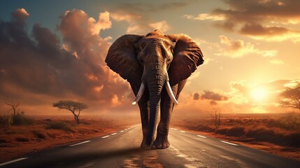 African Elephant in the Savanna at Sunset generated by AI tool - obrazy, fototapety, plakaty