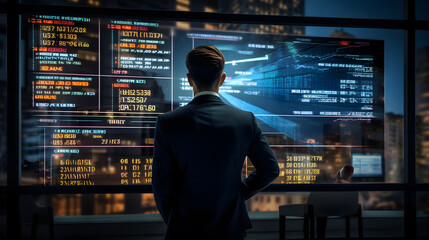 Young businessman looking at financial quotes on a monitor, Young businessman is analyzing stocks for investment on the stock market.