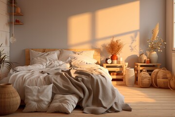 Closeup shot of bed room with white walls, large bed, wooden floor and side tables. Created with Ai
