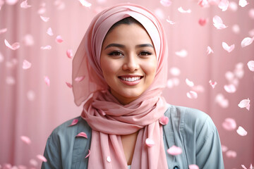 A portrait of a smiling woman in a hijab costume with falling rose petals on a pastel pink background.