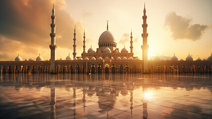 Majestic mosque silhouette with minarets against a golden hour sky, reflecting over tranquil waters, embodying peace and architectural beauty. - obrazy, fototapety, plakaty