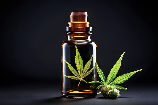 A glass bottle of cannabis oil or CBD oil and a cannabis leaf on a dark background.