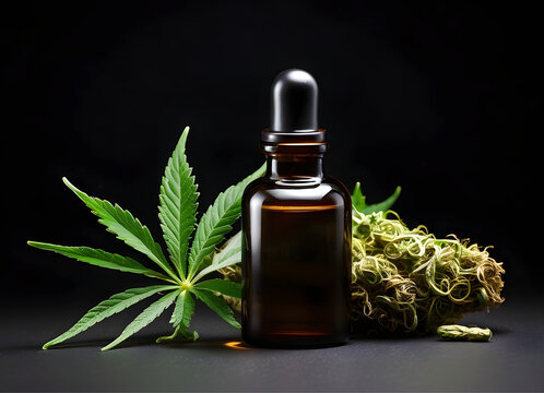 A dropper bottle of cannabis oil or CBD oil and a cannabis leaf on a dark background.