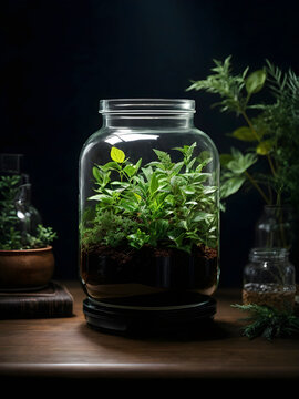 Plants in a glass jar on a dark background.