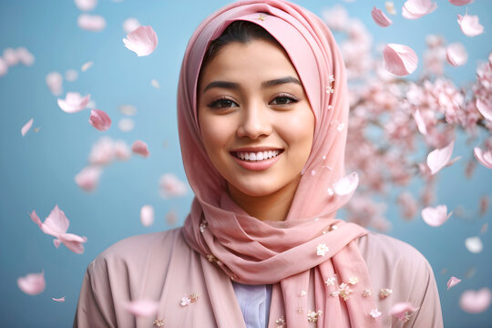 A portrait of a smiling woman in a pink hijab costume with sakura petals on a pastel blue background.