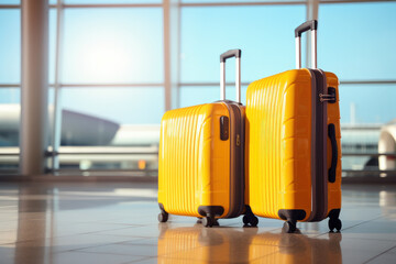 Two yellow plastic suitcases in airport