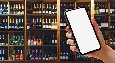 Smart phone with blank screen in female hand in front of shelves with wine bottles in liquor store. 