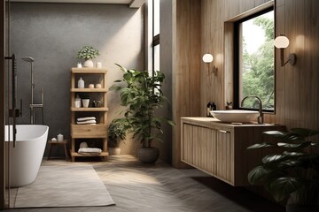 Modern bathroom interior with wooden cabinet, mirror, shelf and bathtub. Created with Ai