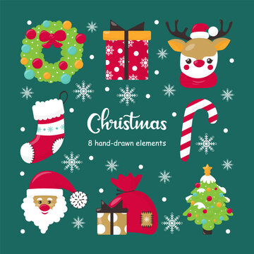 Set of Christmas clipart elements. Vector illustration in hand drawn style. Isolated images on a dark green background.