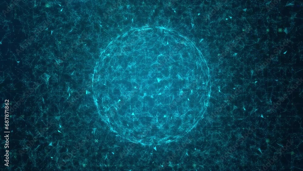 Poster abstract futuristic background: blue geometric sphere with hi-tech plexus, rotating in 3d.