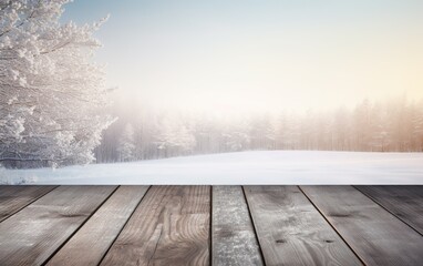 Winter theme background with empty wooden floor or table. Beautiful snowy forest landscape.