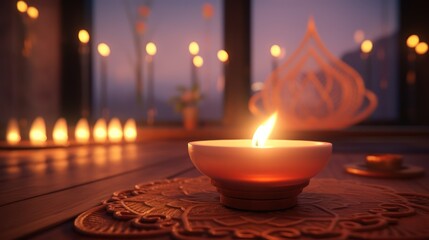 Aromatic candles burns on the floor in spa procedure salon. Small warm flame creating coziness and...