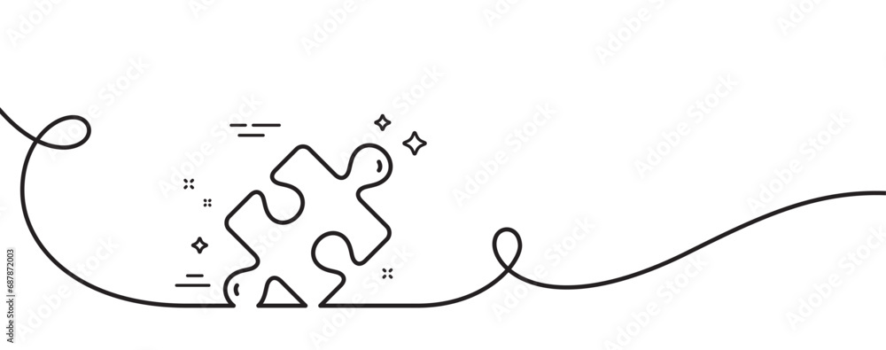 Poster puzzle line icon. continuous one line with curl. jigsaw piece sign. business challenge symbol. puzzl