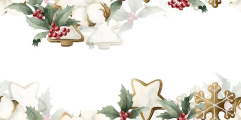 Watercolor Christmas holiday elements: gingerbread cookies, candy canes, cinnamon, anise, cotton, holly, pine branches