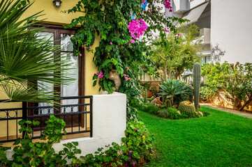 Fototapeta na wymiar Mediterranean Garden Paradise Next to Home. Vibrant bougainvillea blooms add a burst of color, creating a picturesque haven perfect for travel brochures. and gardening magazines. 