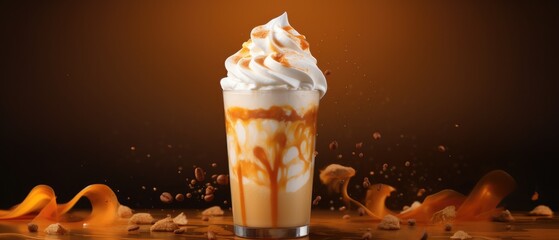 Caramel frappuccino with whipped cream on fire-themed backdrop. Creative food presentation.