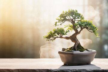 Bonsai tree close up on table on blurred background,