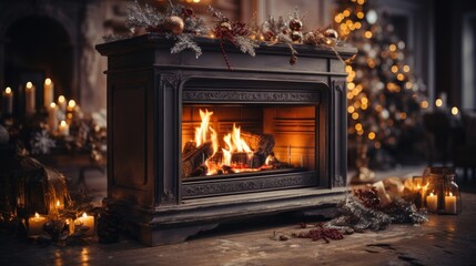 Christmas interior of a large cozy house with a Christmas tree and a fireplace, AI