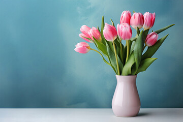 Pink tulips in vase on table on blue background, sunlight, minimalism