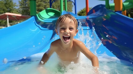 Portrait of a happy little boy in pool. The boy swims in the pool after going down the water slide in summer