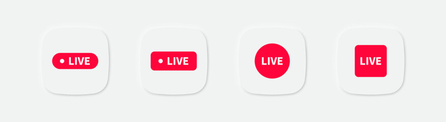 Live stream icon. Broadcast signs in rectangle, square, circle. Online event symbol. Livestream icons. Vector isolated sign.