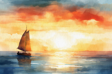 Sailboat sailing on the sea at sunset. Painted with watercolors, the texture of watercolor paper.