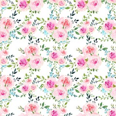 Floral pattern with pink roses, leaves. Watercolor