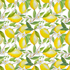 Seamless pattern with watercolor lemons and leaves
