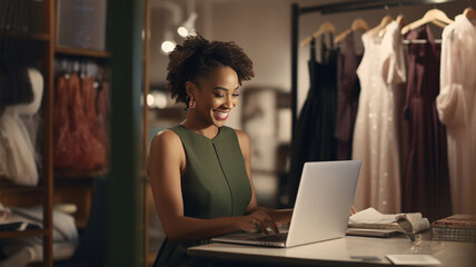 business woman smiles at her laptop in a dress shop