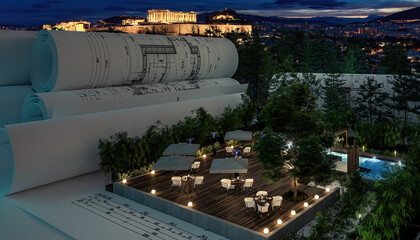 Draft of an Outdoor Patio Restaurant Illuminated by Acropolis of Athens - 3D Visualization - obrazy, fototapety, plakaty