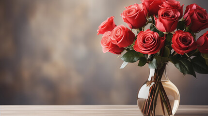 Bouquet of red roses in glass vase on a table. Free space for text. Generative AI