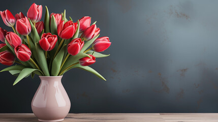 Bouquet of red tulips in glass vase on table on blue background. Free text space. Generative AI