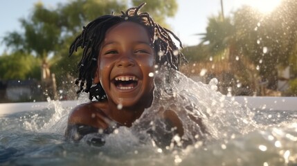 Face of a happy laughing African American boy in pool. The boy swims in the pool after going down the water slide in summer
