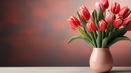 Bouquet of red tulips in glass vase on table on pink background. Free text space. Generative AI